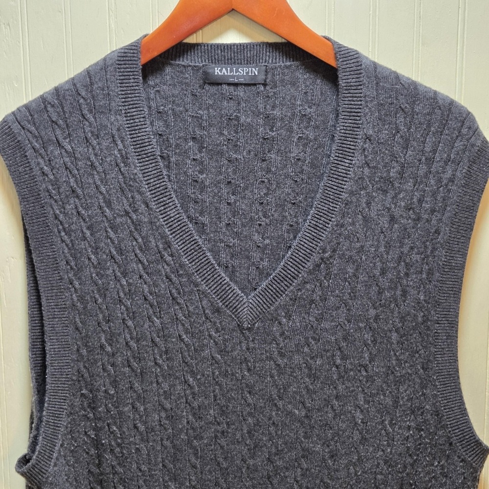 Kallspin Sweater Vest Mens Large Gray Wool Blend Cable Knit V Neck Pullover